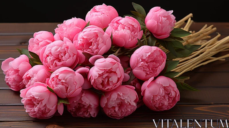 AI ART Pink Peonies Bouquet on Wooden Table