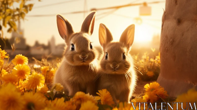 Sunlit Field: Adorable Bunnies in Nature AI Image