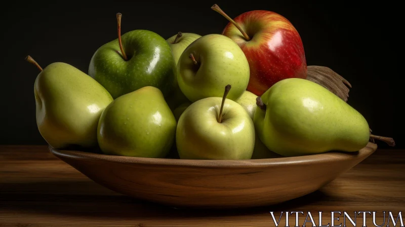 AI ART Wooden Bowl with Green and Red Apples on Table