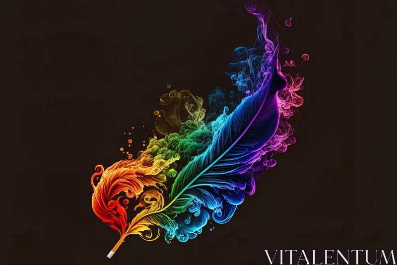 Colorful Feather and Quill on Dark Background | Rainbowcore Psychedelic Artwork AI Image