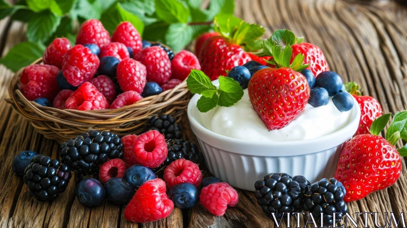Delicious Bowl of Yogurt with Fresh Berries on Wooden Table AI Image