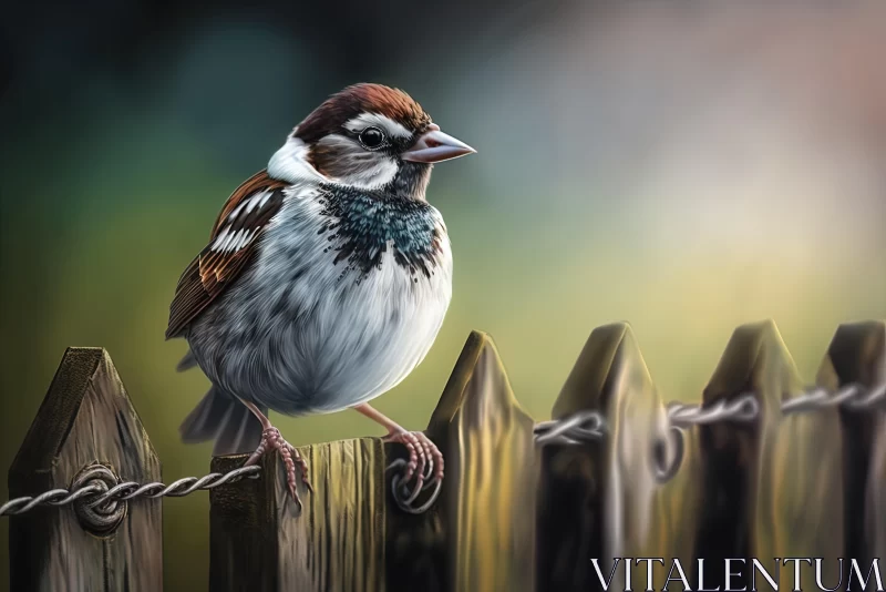 Realistic Bird Portrait on Fence - Dark Red and White AI Image