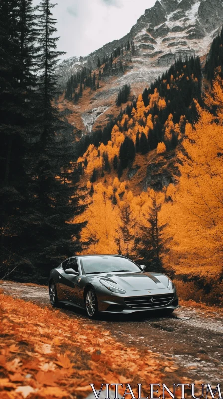 Silver Ferrari California Parked Near Forest in Autumn - Minimalist Style AI Image