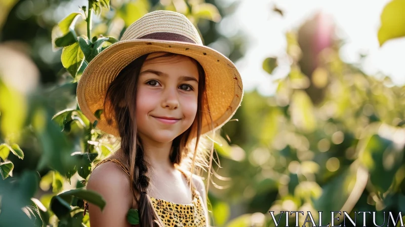 Smiling Girl Portrait with Straw Hat AI Image