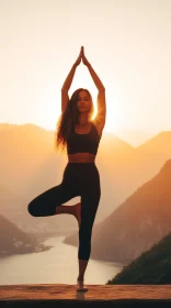 Sunset Yoga on Mountain: Peaceful Woman Pose