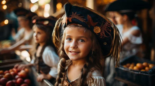 Young Girl in Pirate Costume with Sword and Apples