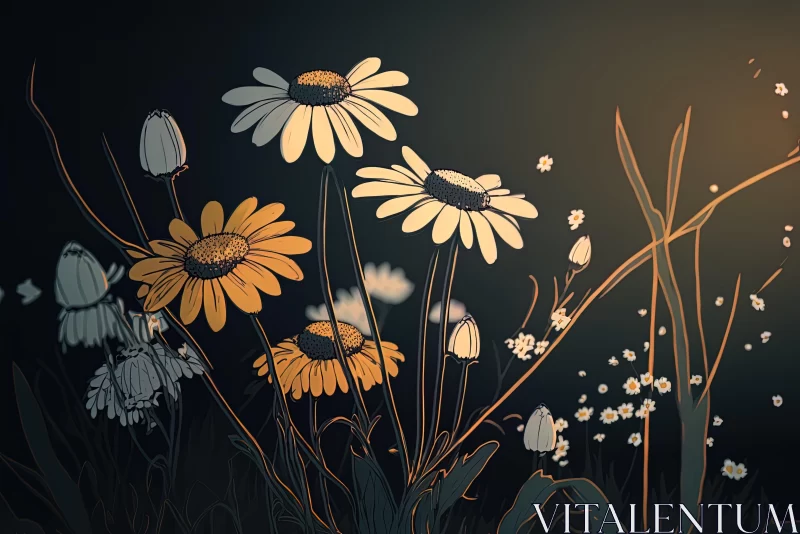 Captivating Black and White Wildflowers on Dark Background - Colored Cartoon Style AI Image