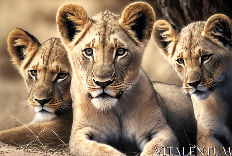 Majestic Lion Cubs Resting Under Trees - Hyper-Detailed Portraits AI Image