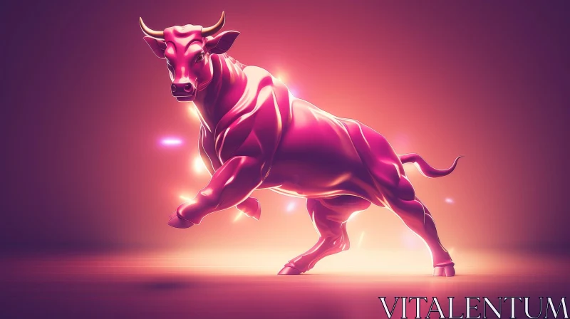 Pink Bull 3D Rendering on Reflective Surface AI Image