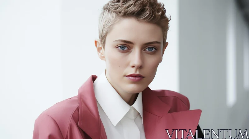 Serious Young Woman Portrait in White Shirt and Pink Jacket AI Image