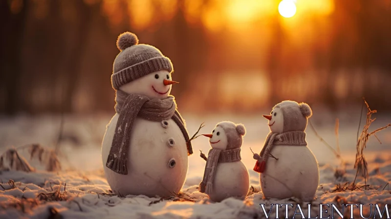 Snowmen Family in Winter Forest Sunset AI Image