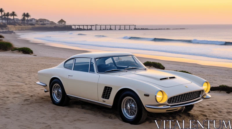 White Ferrari 340 on Beach: Classical Elegance and Immersive Americana AI Image