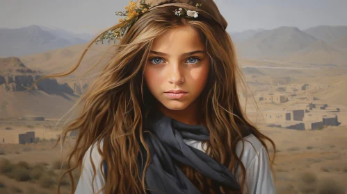 Young Girl in Desert Landscape with Mountains