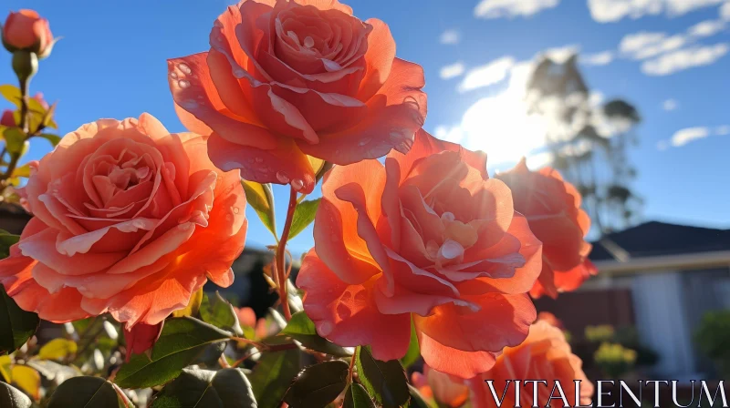 Beautiful Orange Roses in Full Bloom Against Blue Sky AI Image