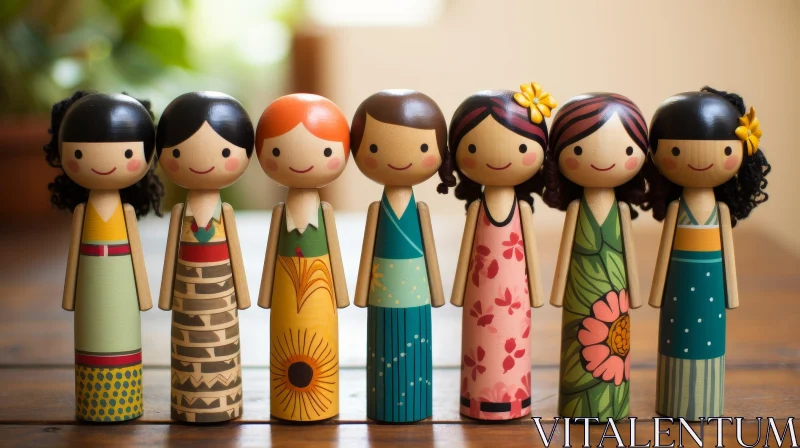 Colorful Wooden Peg Dolls on Green Field AI Image