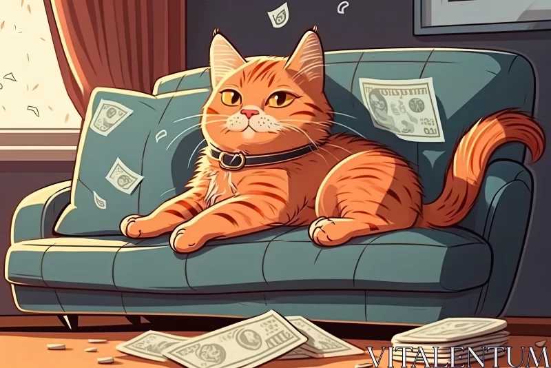 Hyper-detailed Cartoon: Orange Cat on Couch with Money AI Image