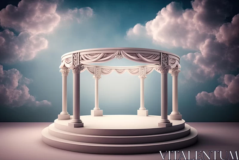 Intricately Sculpted Columns on an Empty Stage under a Cloudy Sky AI Image