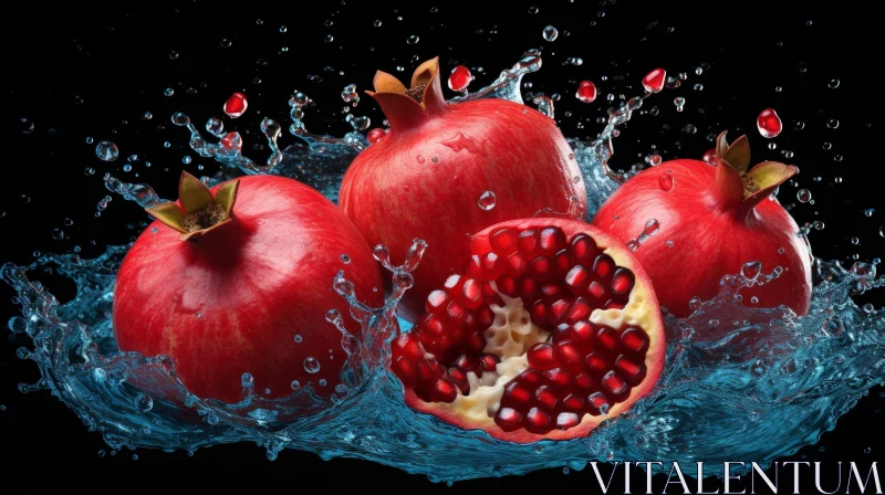 Ripe Pomegranates with Water Splash - Food Photography AI Image