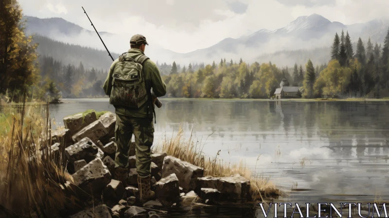 Tranquil Lake Scene with Man Fishing AI Image