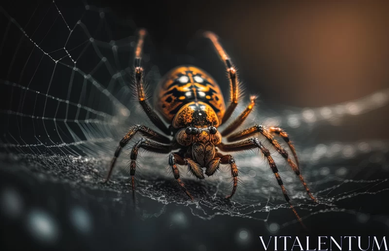 Brown Spider on Spider Web in Dark Orange and Silver AI Image