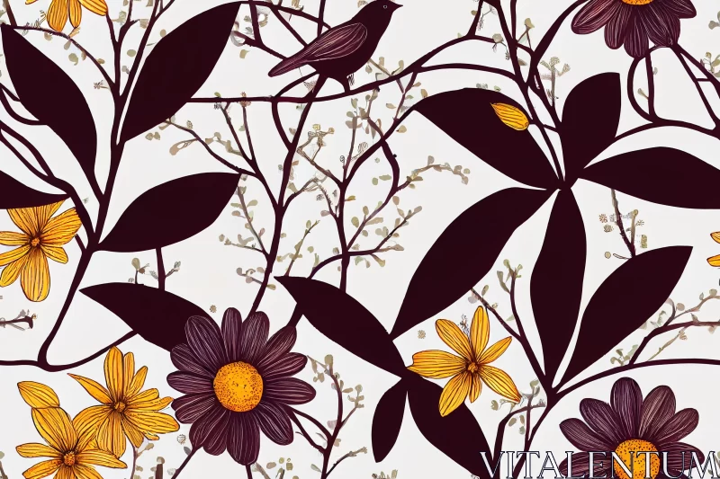 Captivating Nature Artwork: Brown Flowers and Leaves with Bird AI Image