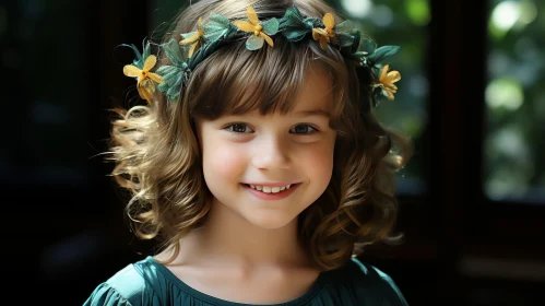 Charming Girl Portrait in Green Dress with Flowers