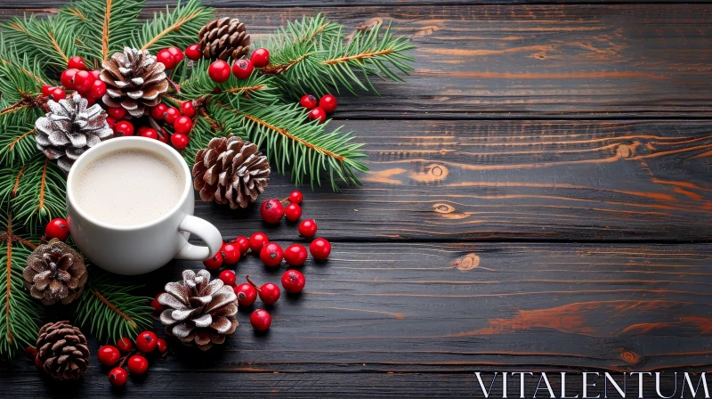 Cozy Christmas Coffee Cup on Wooden Background AI Image