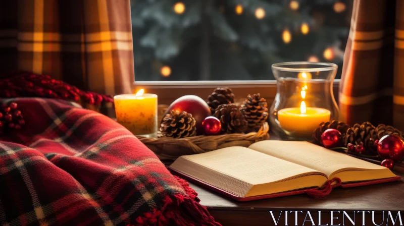 AI ART Cozy Winter Still Life with Lit Candle and Snowy Forest View