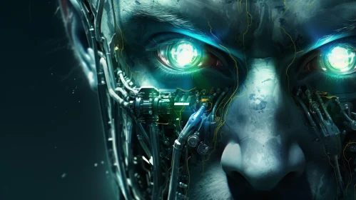 Cyborg Face Close-up with Green Eyes
