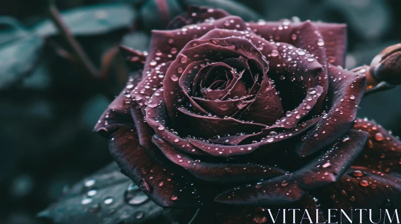 Dark Red Rose Close-Up with Glistening Petals AI Image