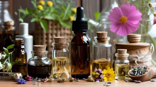 Essential Oils Collection on Wooden Table with Garden Background