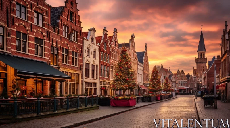 Festive European City Streetscape at Christmas Time AI Image