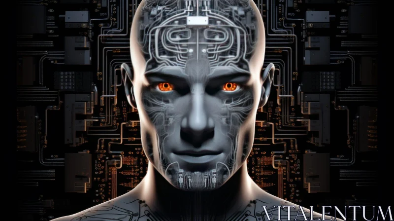 AI ART Glowing Orange Circuit Board Human Head