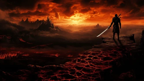 Grim Dark Fantasy Landscape with Man in Black Armor