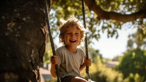 Happy Child Swinging on Rope Swing in Park