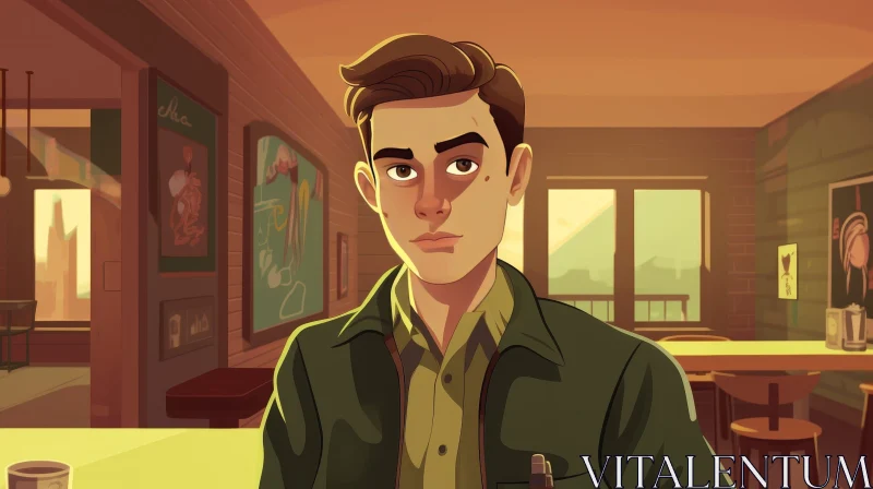 Young Man in Diner - Cartoon Illustration AI Image