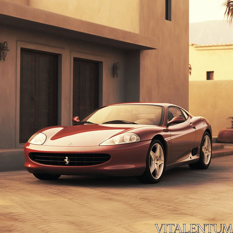 Captivating Dark Crimson and Beige Sports Car in Front of a Building AI Image