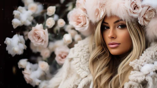 Chic Woman in Fur Hat and Pink Roses