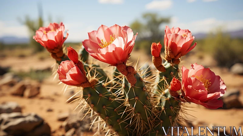 Desert Cactus with Pink Flowers - Nature Close-up AI Image