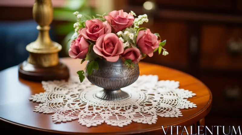 Elegant Still Life with Pink Roses on Wooden Table AI Image
