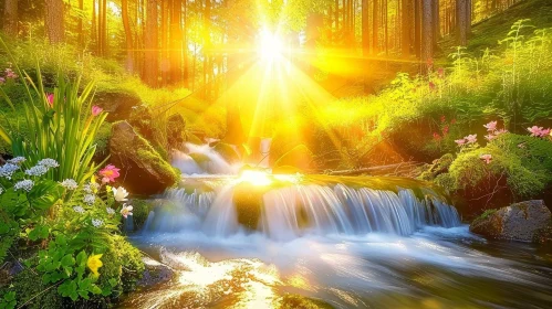 Enchanting Waterfall Landscape with Rainbow and Sunlight