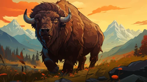 Majestic Bison in Mountain Landscape - Digital Painting