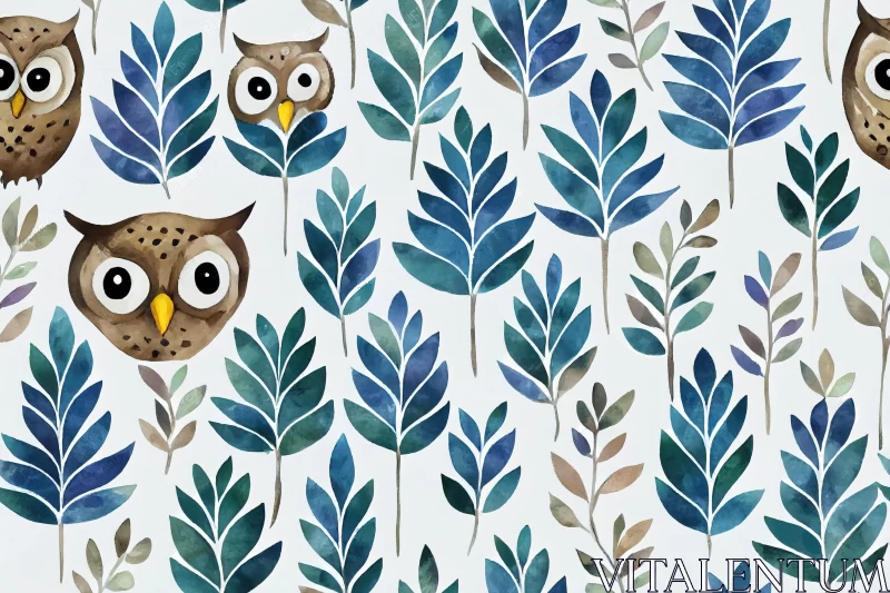 Whimsical Owl and Leaves Illustration on Blue Background AI Image