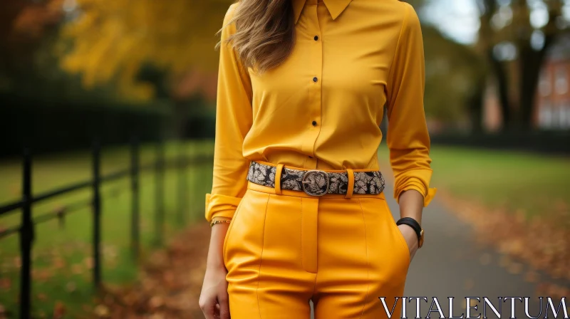 Woman in Yellow Blouse and Pants in Park AI Image