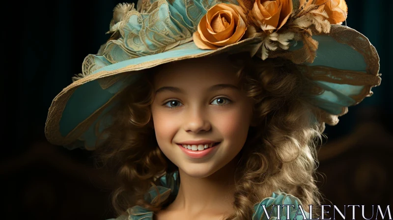 Young Girl in Blue Hat with Yellow Roses AI Image