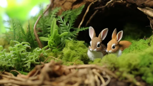 Adorable Wild Rabbits in Tree Trunk