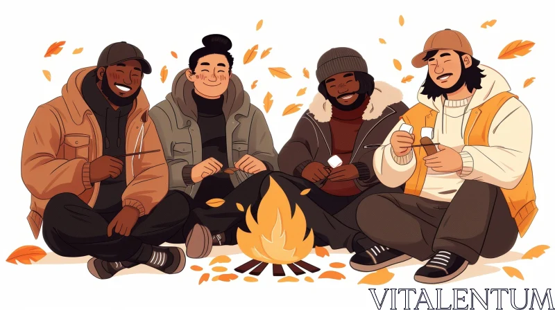 AI ART Campfire Cartoon Illustration of Friends Enjoying Togetherness
