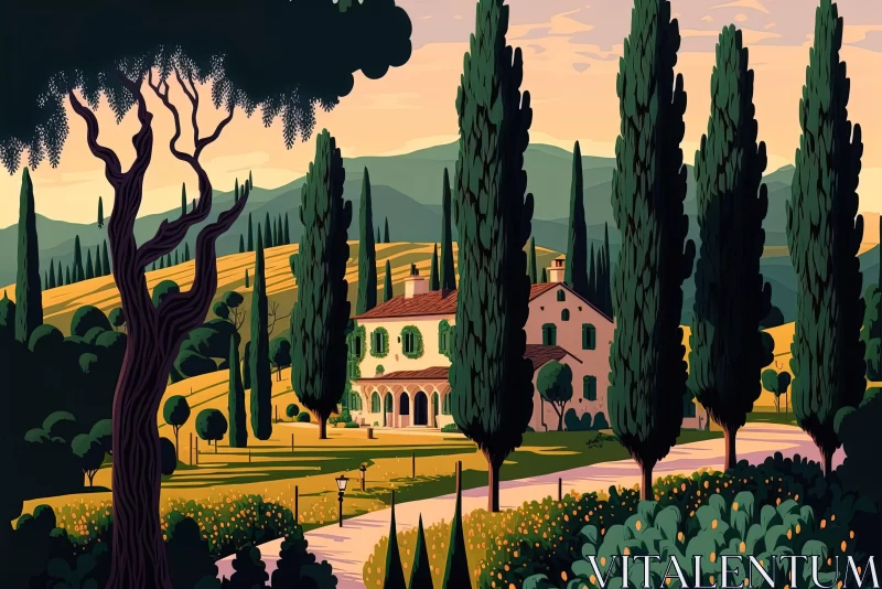 Captivating Poster of Italian Countryside with Trees and Cypress Trees AI Image
