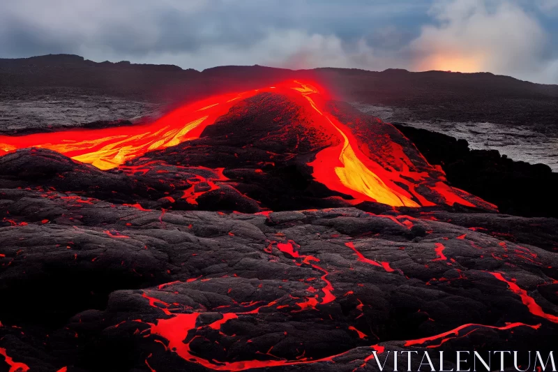 Captivating Volcano: Lava Flowing over Rocks in Light Crimson and Black AI Image