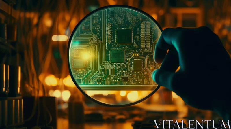 Close-up Technology: Person with Magnifying Glass on Green Circuit Board AI Image